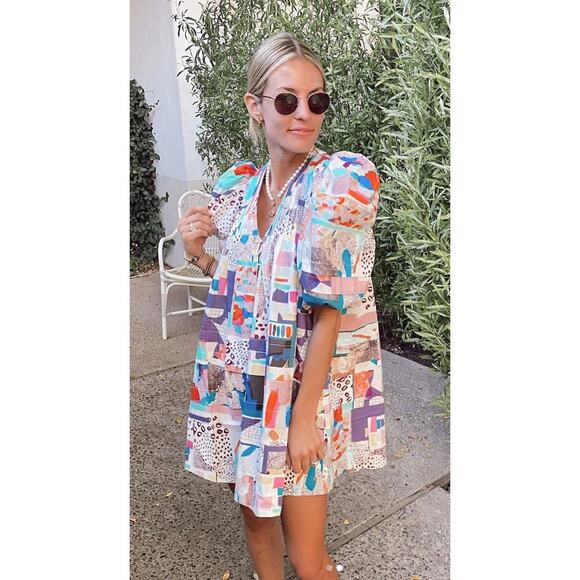 Hunter Bell Jenkins Mini Dress Patchwork Print Cotton Puff Sleeve Tuckernuck - Picture 3 of 12